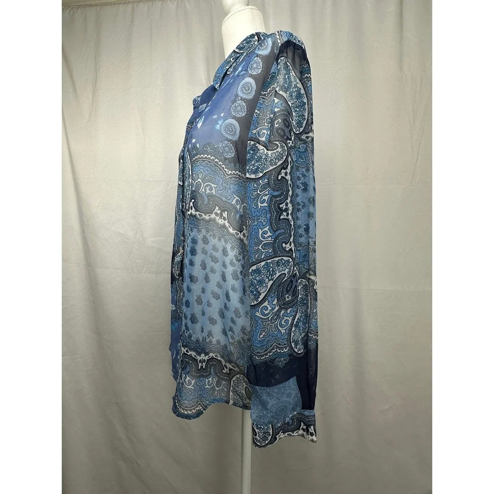 Impressions Blue Paisley Sheer Button Down Shirt Womens Large Long Sleeve Floral - Picture 6 of 8
